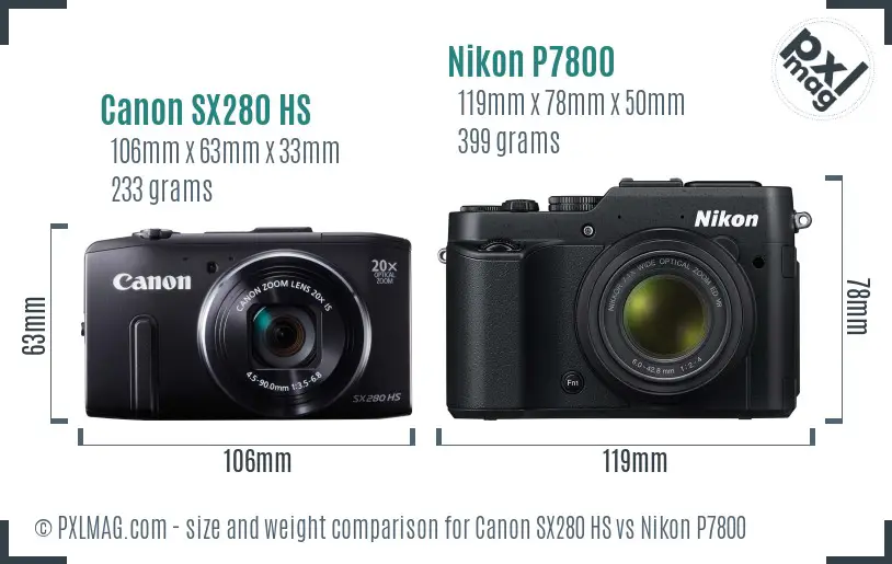 Canon SX280 HS vs Nikon P7800 size comparison Canon SX280 HS vs Nikon P7800 size comparison