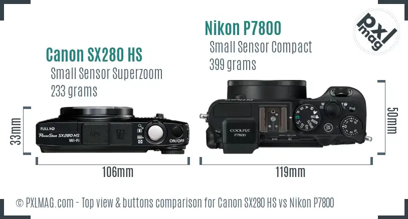 Canon SX280 HS vs Nikon P7800 top view buttons comparison Canon SX280 HS vs Nikon P7800 top view buttons comparison