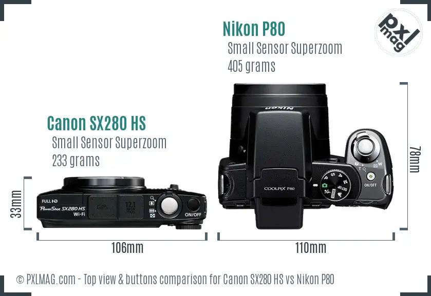 Canon SX280 HS vs Nikon P80 top view buttons comparison Canon SX280 HS vs Nikon P80 top view buttons comparison
