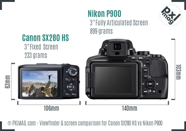 Canon SX280 HS vs Nikon P900 Screen and Viewfinder comparison