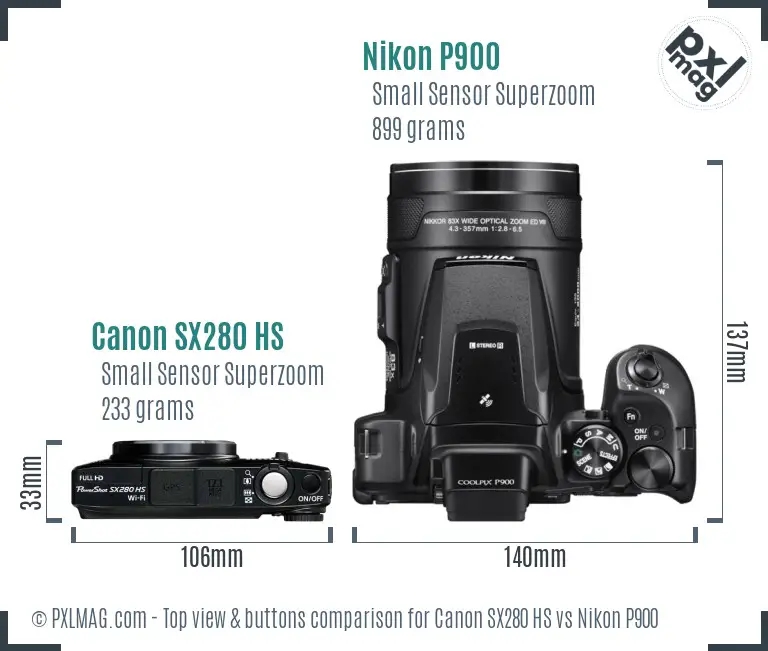 Canon SX280 HS vs Nikon P900 top view buttons comparison