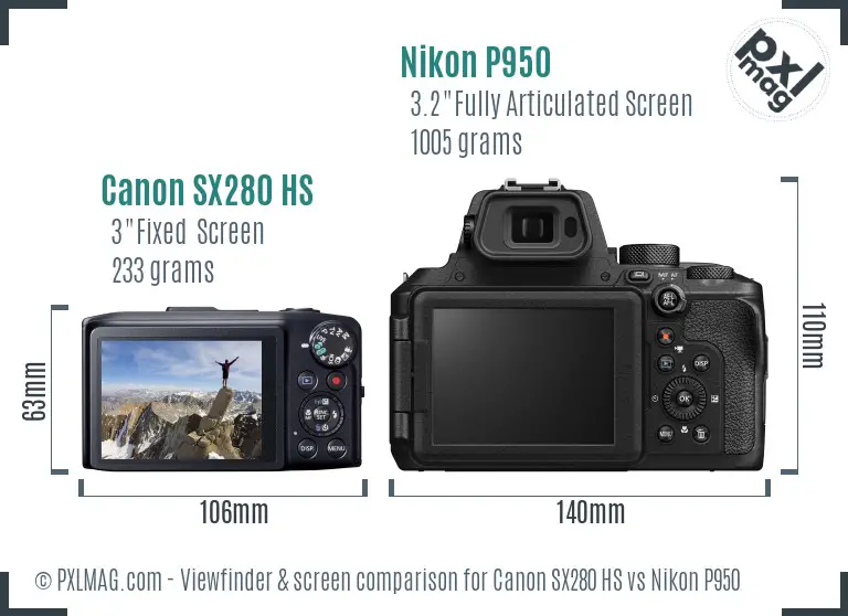 Canon SX280 HS vs Nikon P950 Screen and Viewfinder comparison