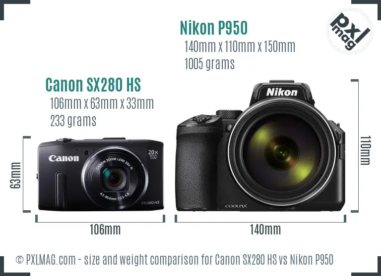 Canon SX280 HS vs Nikon P950 size comparison