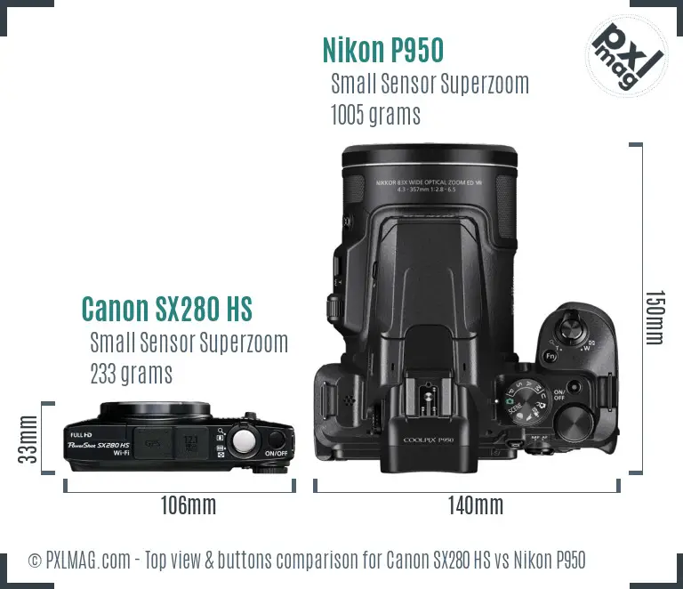 Canon SX280 HS vs Nikon P950 top view buttons comparison