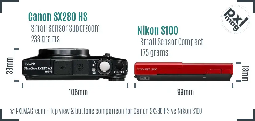 Canon SX280 HS vs Nikon S100 top view buttons comparison Canon SX280 HS vs Nikon S100 top view buttons comparison