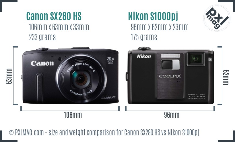 Canon SX280 HS vs Nikon S1000pj size comparison Canon SX280 HS vs Nikon S1000pj size comparison