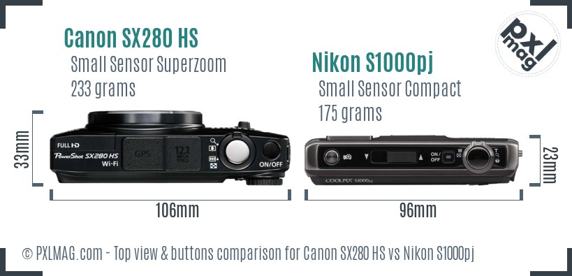 Canon SX280 HS vs Nikon S1000pj top view buttons comparison
