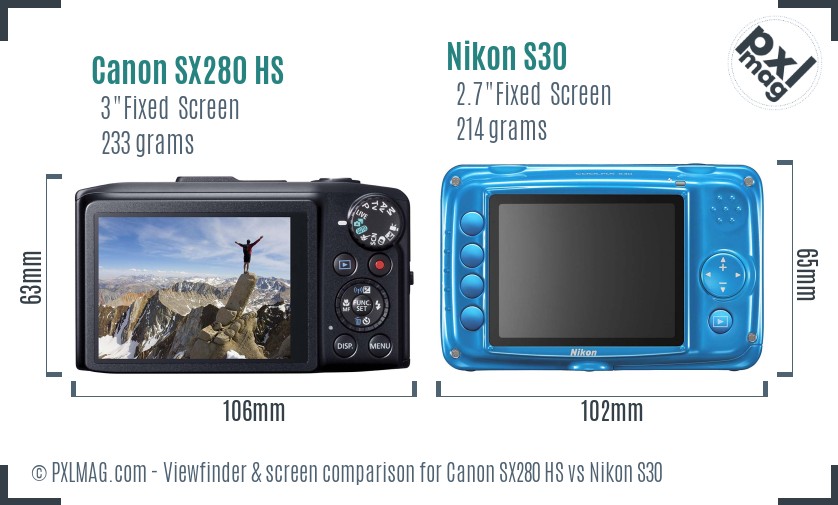 Canon SX280 HS vs Nikon S30 Screen and Viewfinder comparison