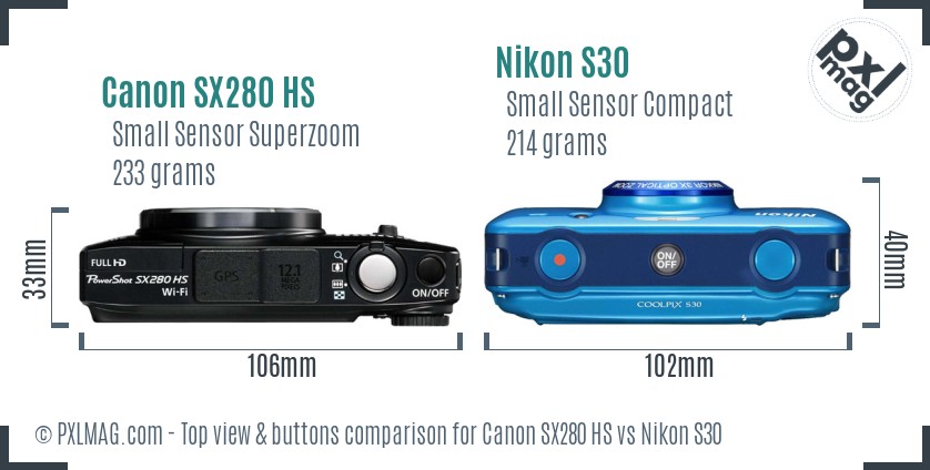 Canon SX280 HS vs Nikon S30 top view buttons comparison