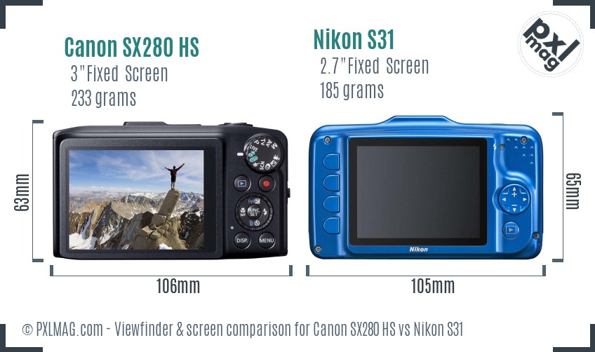 Canon SX280 HS vs Nikon S31 Screen and Viewfinder comparison