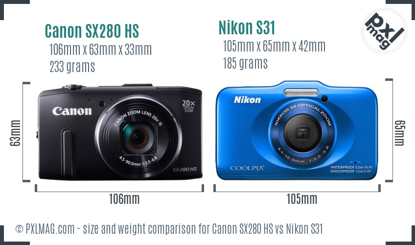 Canon SX280 HS vs Nikon S31 size comparison