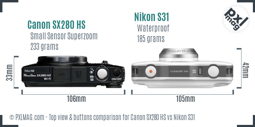 Canon SX280 HS vs Nikon S31 top view buttons comparison