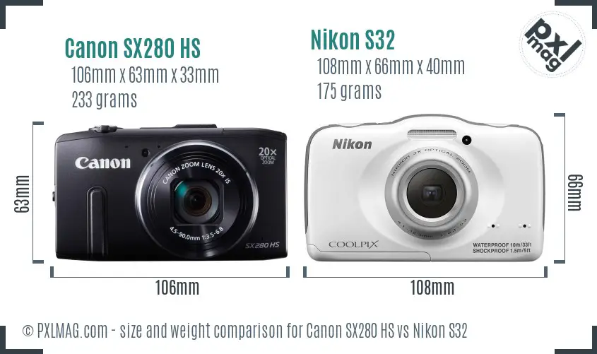 Canon SX280 HS vs Nikon S32 size comparison