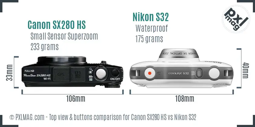 Canon SX280 HS vs Nikon S32 top view buttons comparison