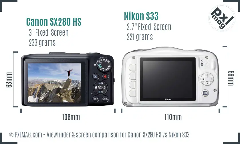 Canon SX280 HS vs Nikon S33 Screen and Viewfinder comparison