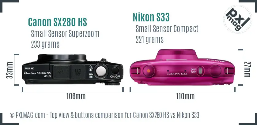 Canon SX280 HS vs Nikon S33 top view buttons comparison