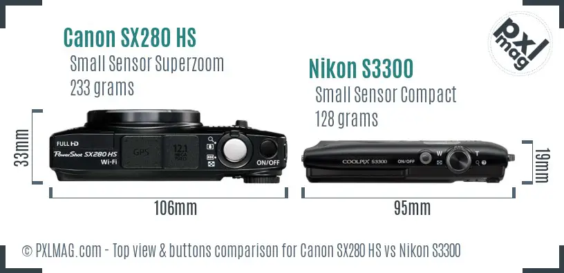 Canon SX280 HS vs Nikon S3300 top view buttons comparison