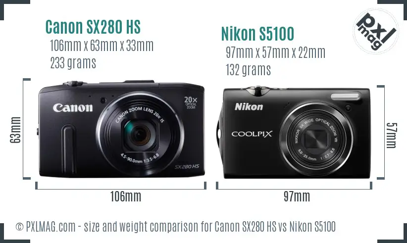 Canon SX280 HS vs Nikon S5100 size comparison