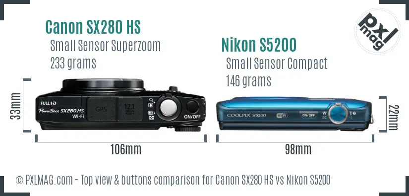 Canon SX280 HS vs Nikon S5200 top view buttons comparison