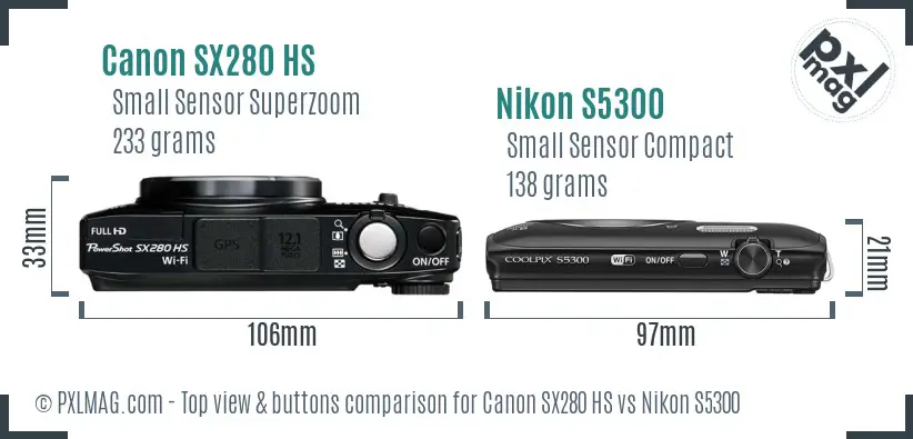 Canon SX280 HS vs Nikon S5300 top view buttons comparison Canon SX280 HS vs Nikon S5300 top view buttons comparison