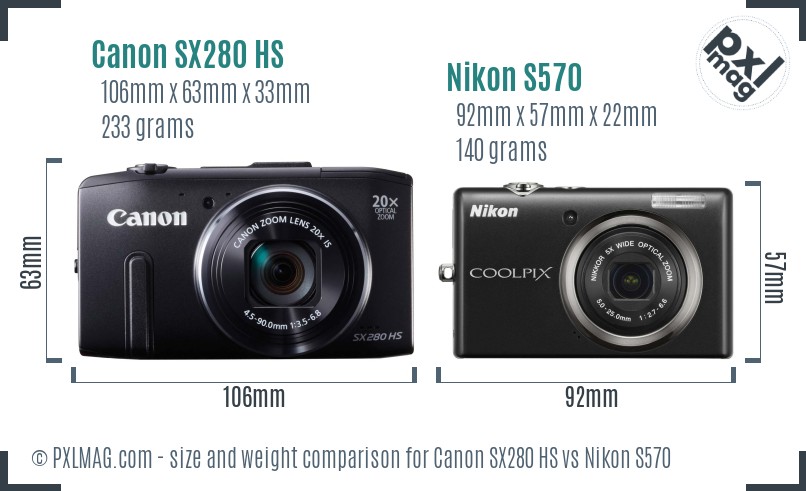 Canon SX280 HS vs Nikon S570 size comparison Canon SX280 HS vs Nikon S570 size comparison