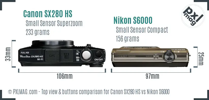 Canon SX280 HS vs Nikon S6000 top view buttons comparison