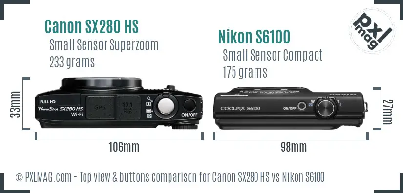 Canon SX280 HS vs Nikon S6100 top view buttons comparison