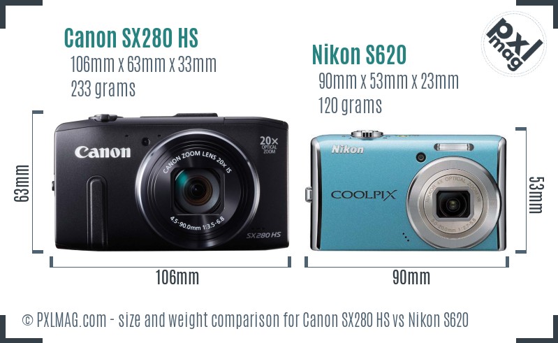 Canon SX280 HS vs Nikon S620 size comparison Canon SX280 HS vs Nikon S620 size comparison