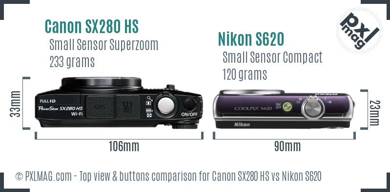 Canon SX280 HS vs Nikon S620 top view buttons comparison