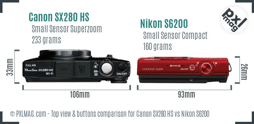 Canon SX280 HS vs Nikon S6200 top view buttons comparison