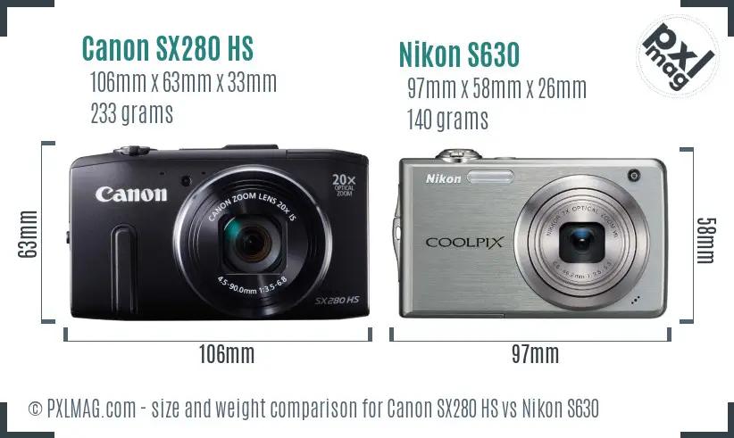 Canon SX280 HS vs Nikon S630 size comparison