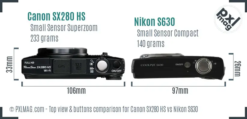 Canon SX280 HS vs Nikon S630 top view buttons comparison