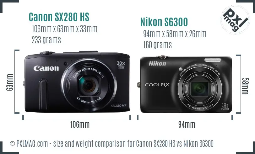 Canon SX280 HS vs Nikon S6300 size comparison