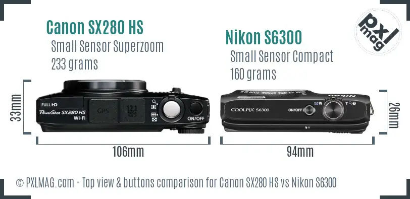 Canon SX280 HS vs Nikon S6300 top view buttons comparison