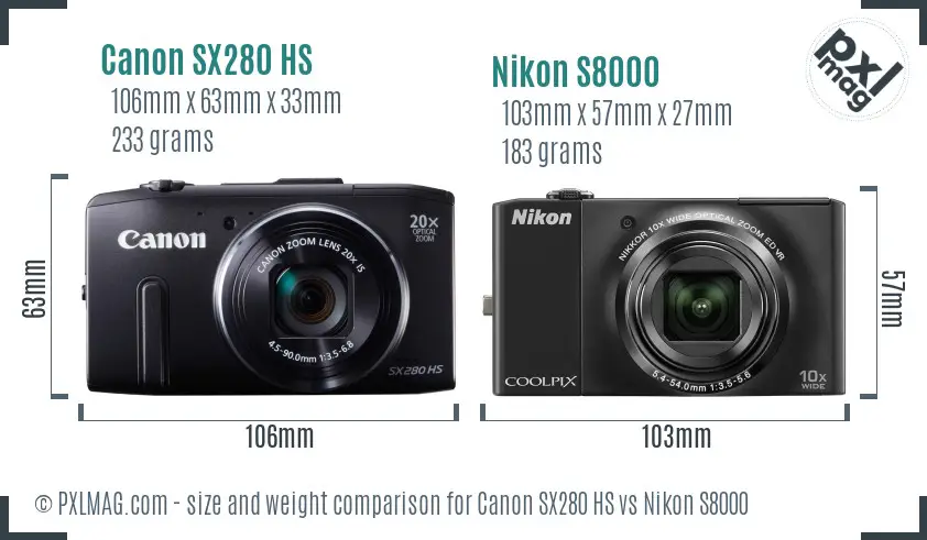 Canon SX280 HS vs Nikon S8000 size comparison