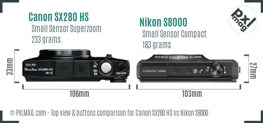 Canon SX280 HS vs Nikon S8000 top view buttons comparison