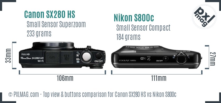 Canon SX280 HS vs Nikon S800c top view buttons comparison