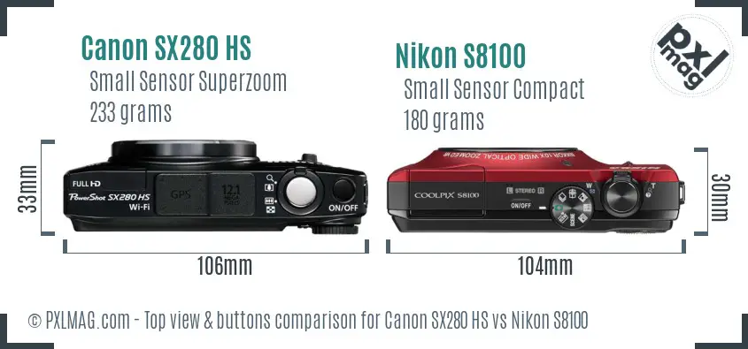 Canon SX280 HS vs Nikon S8100 top view buttons comparison