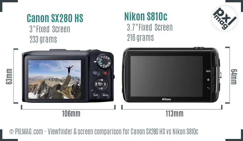 Canon SX280 HS vs Nikon S810c Screen and Viewfinder comparison