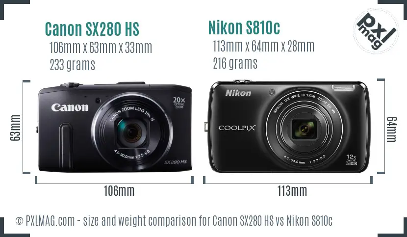 Canon SX280 HS vs Nikon S810c size comparison
