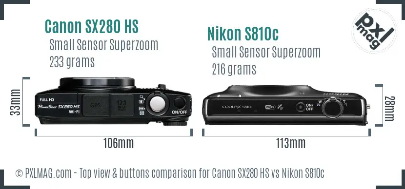 Canon SX280 HS vs Nikon S810c top view buttons comparison