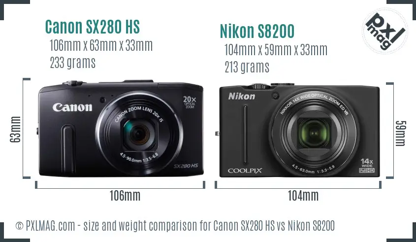 Canon SX280 HS vs Nikon S8200 size comparison