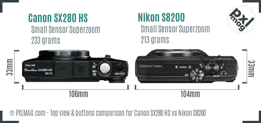 Canon SX280 HS vs Nikon S8200 top view buttons comparison