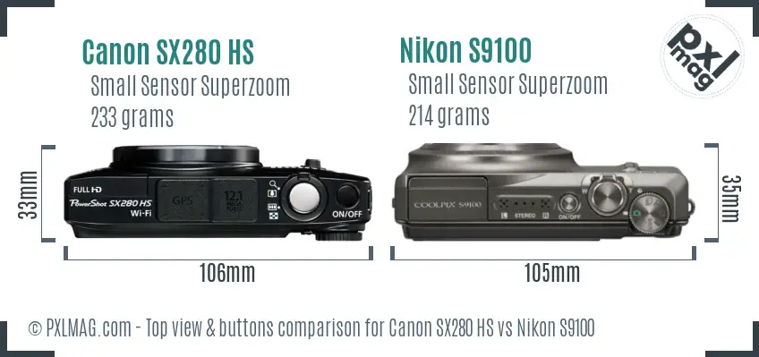 Canon SX280 HS vs Nikon S9100 top view buttons comparison Canon SX280 HS vs Nikon S9100 top view buttons comparison