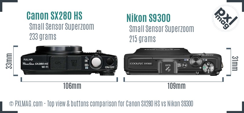 Canon SX280 HS vs Nikon S9300 top view buttons comparison