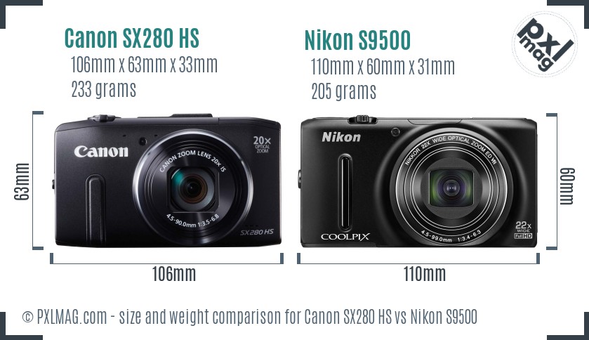 Canon SX280 HS vs Nikon S9500 size comparison