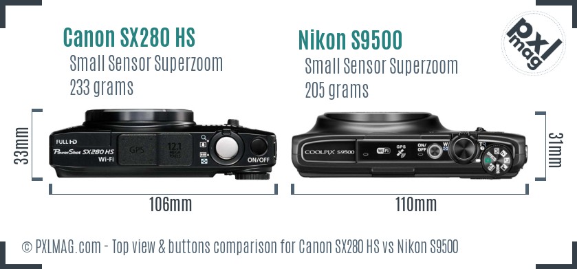 Canon SX280 HS vs Nikon S9500 top view buttons comparison