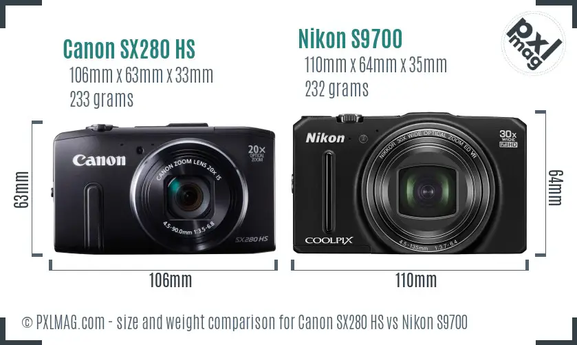 Canon SX280 HS vs Nikon S9700 size comparison