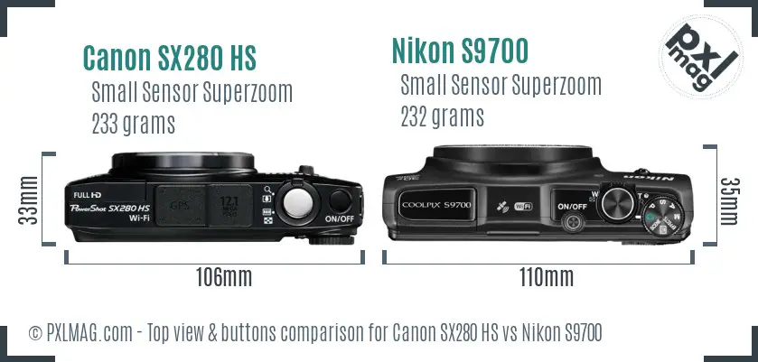 Canon SX280 HS vs Nikon S9700 top view buttons comparison