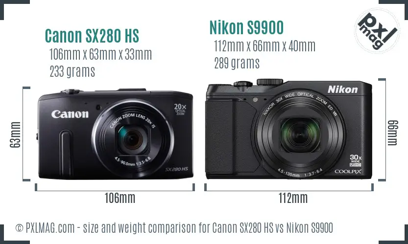 Canon SX280 HS vs Nikon S9900 size comparison